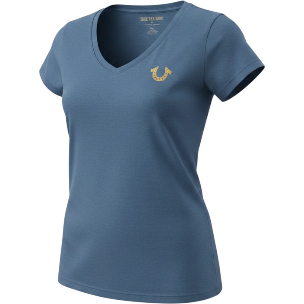 True Religion Victorious True Slim V-Neck T-Shirt Womens Size M Poseidon Blue